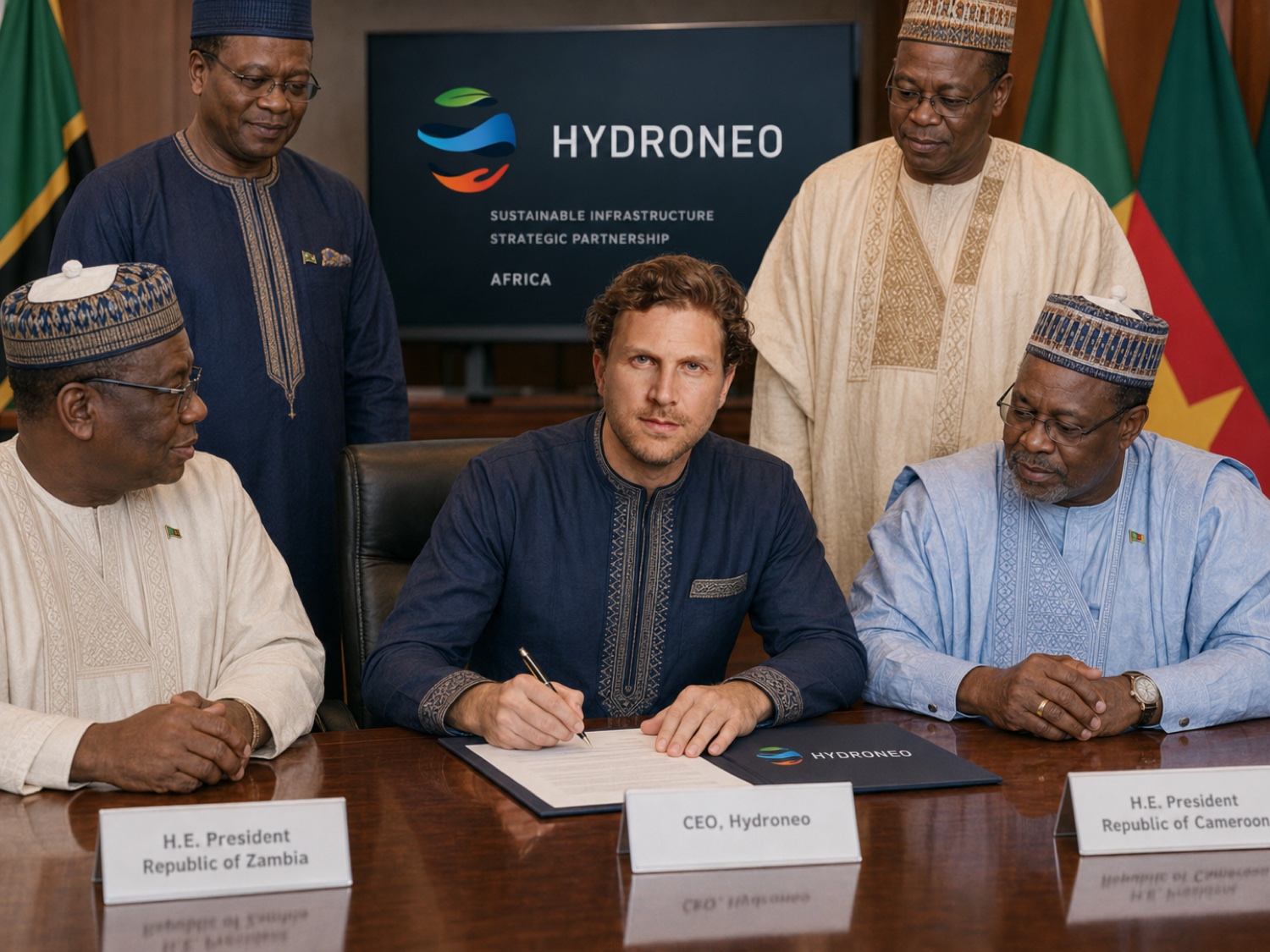 Hydroneo CEO Samuel Zekri signing a sustainable infrastructure partnership with the Presidents of Zambia and Cameroon